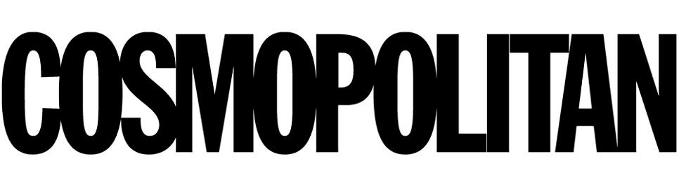 Black and white studio shot of the word 'COSMOPOLITAN' in large, bold letters across a clean, white backdrop, clear and simple.