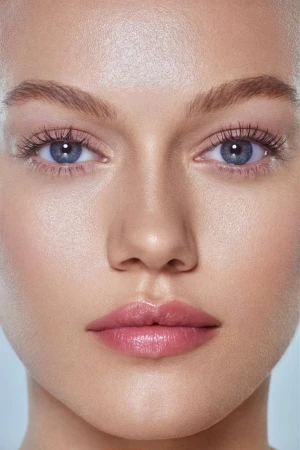 Close-up portrait of a woman showing detailed facial features, natural skin texture, and soft makeup by Jacinta Spencer.