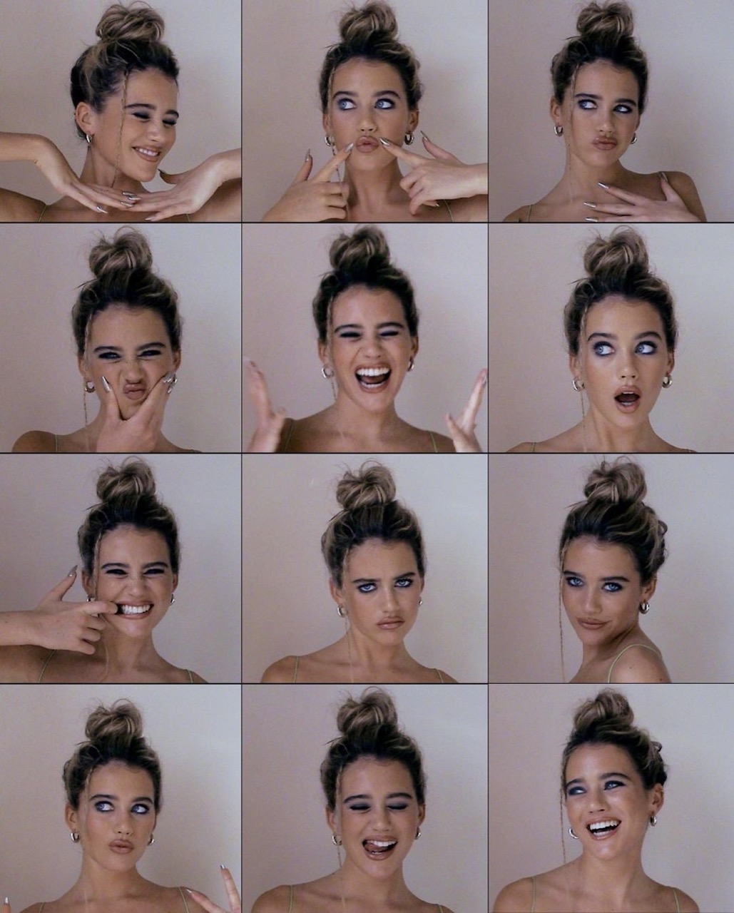 Headshot collage of a woman with her hair in a bun, posing with a variety of exaggerated, funny facial expressions against a solid background.