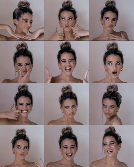 Headshot collage of a woman with her hair in a bun, posing with a variety of exaggerated, funny facial expressions against a solid background.