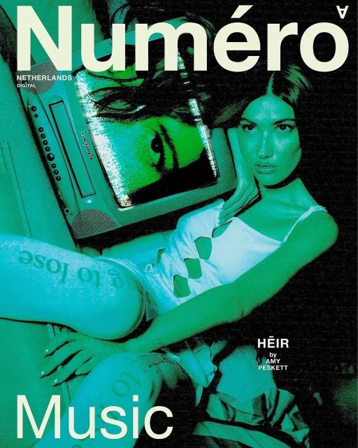 Magazine cover featuring a fair-skinned woman and a retro television set. The title "Numero" and the word "Music" are visible.