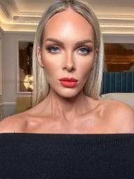 Close-up portrait of a woman with blonde hair, red lipstick, and contoured makeup wearing an off-the-shoulder black top.