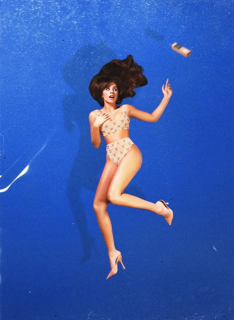 Woman in patterned bikini and heels suspended against a blue background with a falling object. Fashion and beauty concept.
