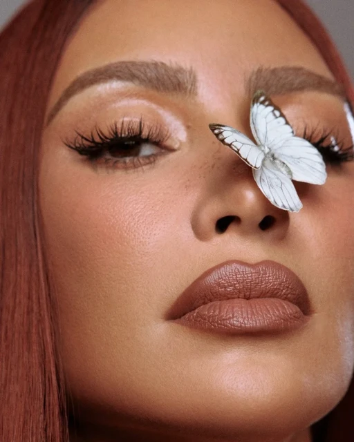Close-up portrait of an adult woman with bronze skin tone and long brown hair, posed with a white butterfly on her face.