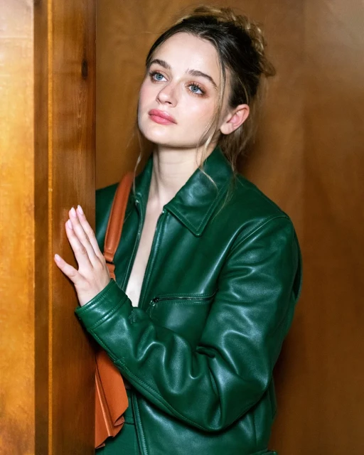 Close-up of Joey King in a green jacket against a neutral background, looking up and to the right with her hand on a wooden surface.