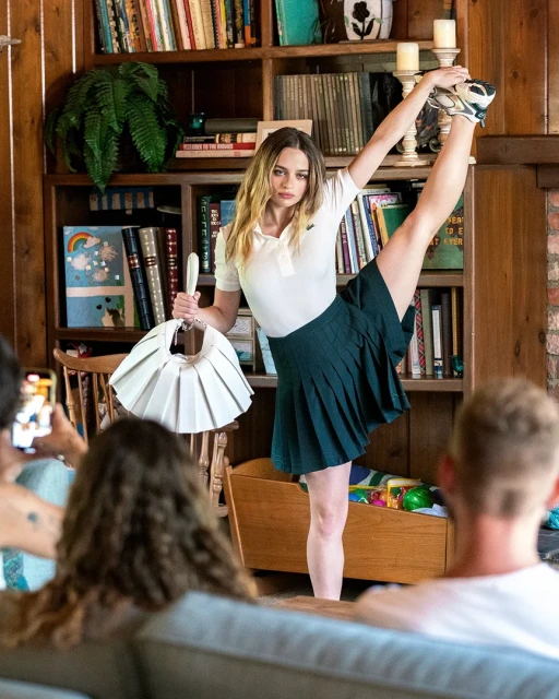 A young woman in a tennis outfit stands with one leg raised high in an indoor setting, being photographed by people in the foreground.