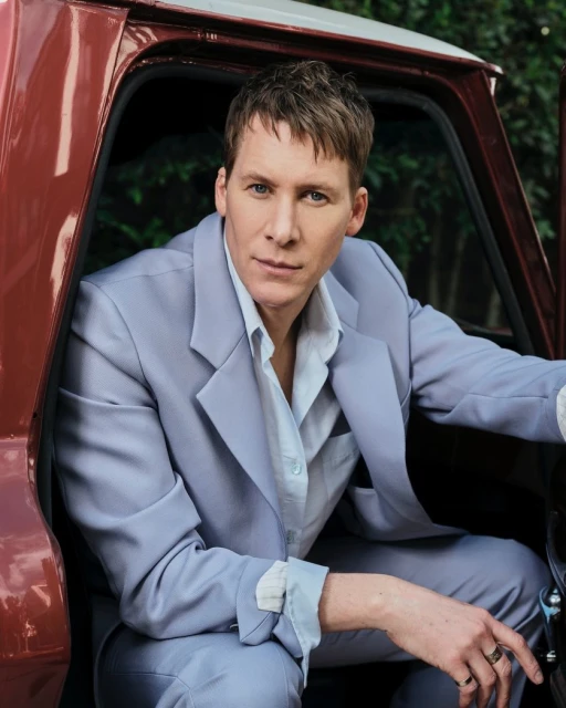 Portrait of a fair-skinned adult man in a grey suit posing in a maroon truck, looking at the camera in an outdoor setting.