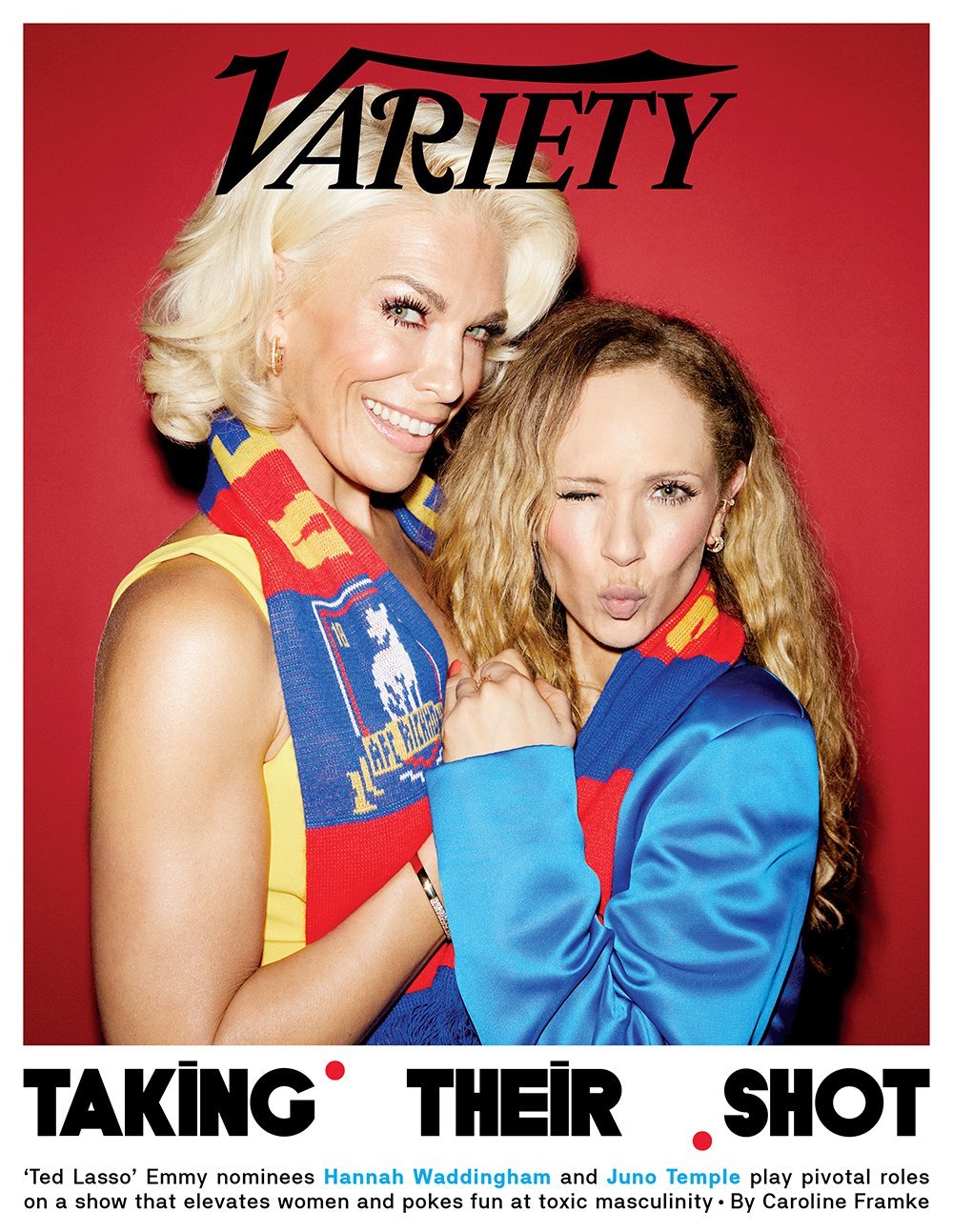 Variety magazine cover featuring Hannah Waddingham and Juno Temple, both smiling, posing in colorful scarves against a red backdrop.