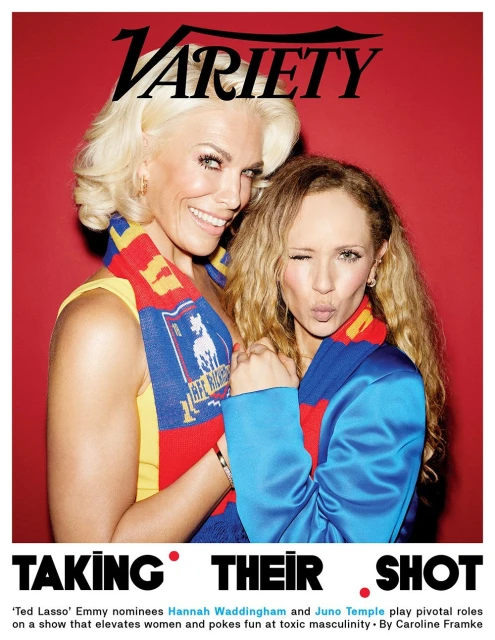 Variety magazine cover featuring Hannah Waddingham and Juno Temple, both smiling, posing in colorful scarves against a red backdrop.