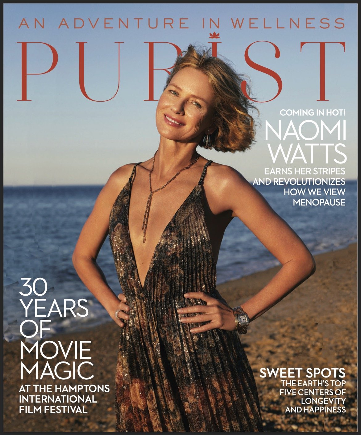 Magazine cover featuring Naomi Watts in a shimmering gown with a beach backdrop, promoting wellness and film magic.