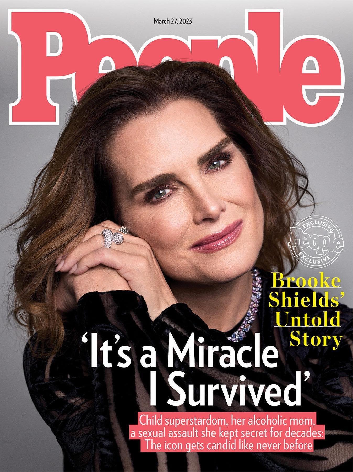 Magazine cover featuring Brooke Shields in a medium portrait shot. The cover promotes an article about her life and untold story.