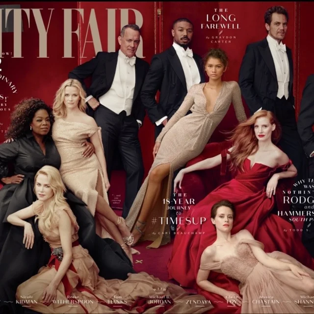 Vanity Fair cover featuring Nicole Kidman, Oprah, Reese Witherspoon, Tom Hanks, Michael B. Jordan, Zendaya, and others in formal wear.