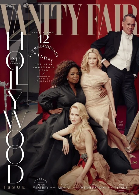 Vanity Fair cover featuring Oprah Winfrey, Nicole Kidman, Reese Witherspoon, and Tom Hanks in formal attire against a red backdrop.