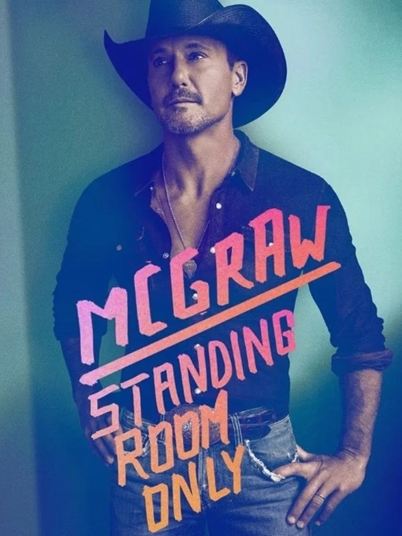 Portrait of country singer Tim McGraw wearing a black cowboy hat, with the title of his album 'Standing Room Only' on the cover.
