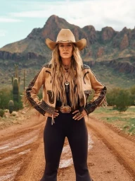 Woman in a cowboy hat and fringed jacket standing on a dirt road in a desert landscape with mountains