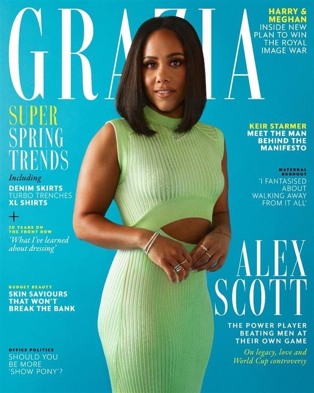 Magazine cover featuring Alex Scott in a light green dress against a blue background. The title is 'Grazia' with articles on fashion trends.