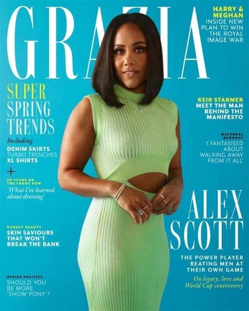 Magazine cover featuring Alex Scott in a light green dress against a blue background. The title is 'Grazia' with articles on fashion trends.