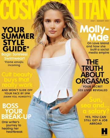 Cosmopolitan magazine cover featuring Molly-Mae in a white corset top and jeans, promoting summer style and sex advice on a yellow background.