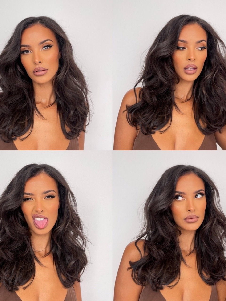 Collage of a dark-haired woman with wavy hair in a sleeveless brown top, posing against a white background with different facial expressions.