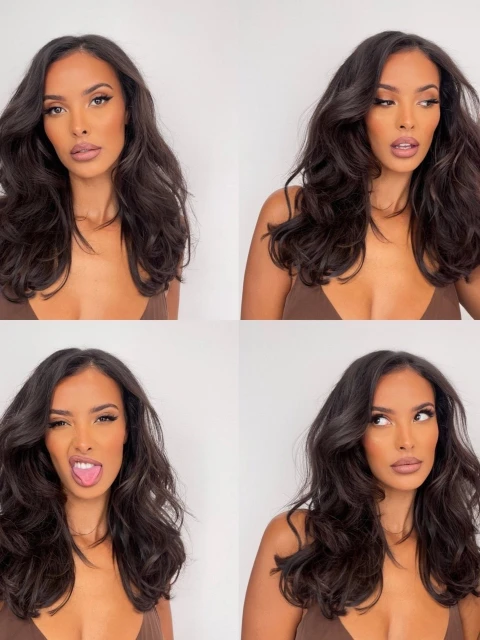 Collage of a dark-haired woman with wavy hair in a sleeveless brown top, posing against a white background with different facial expressions.