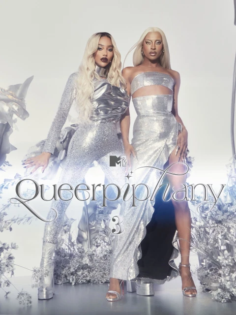 Two women in shimmering silver gowns pose in a studio. The image promotes 'Queerphipany 3' and features the MTV logo. The background is bright white.