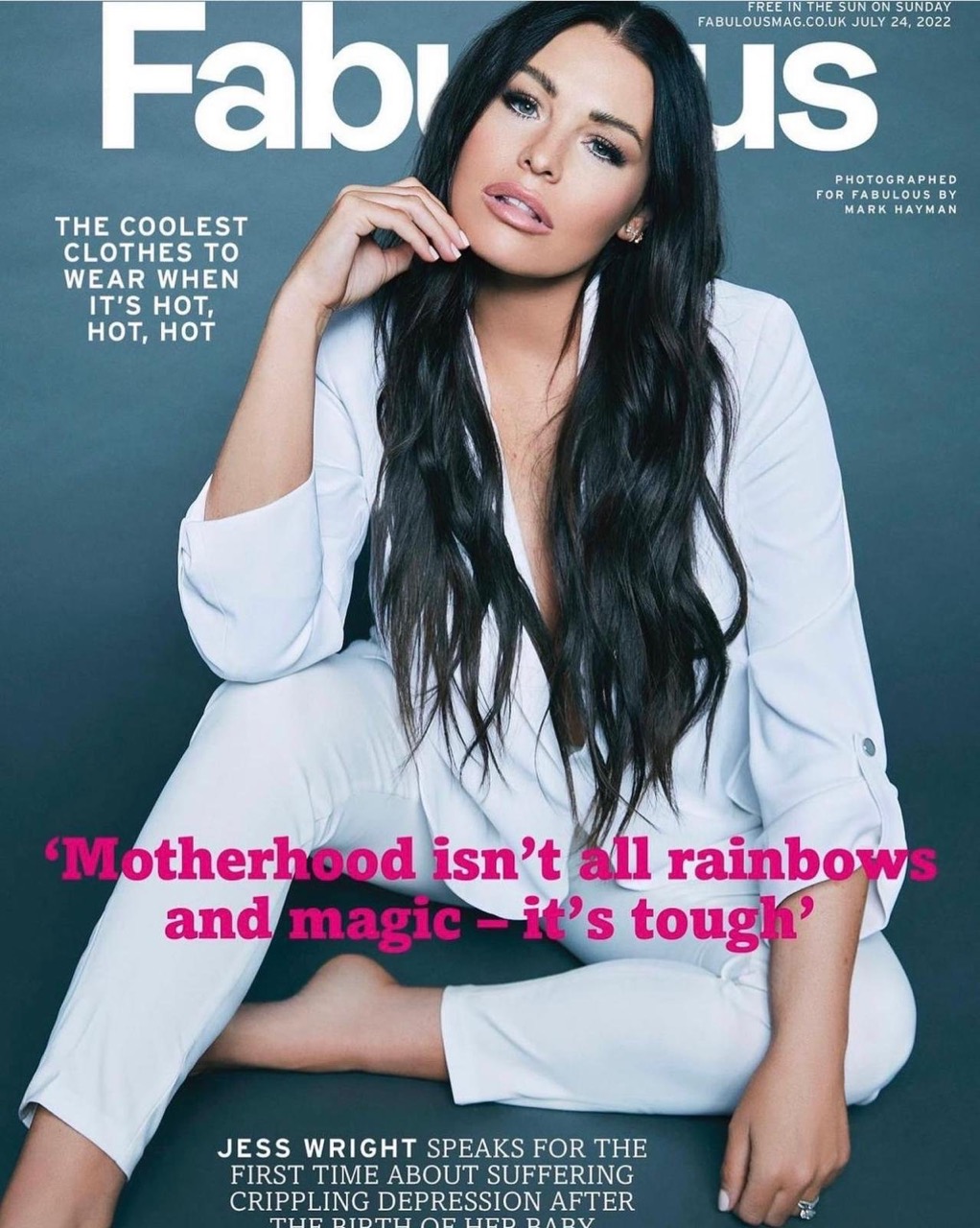 Magazine cover featuring Jess Wright wearing white clothing, sitting barefoot against a grey background, photographed for Fabulous by Mark Hayman.