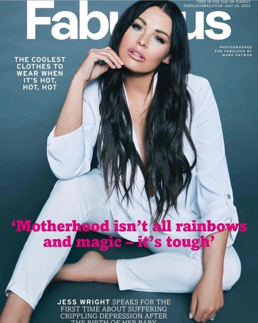 Magazine cover featuring Jess Wright wearing white clothing, sitting barefoot against a grey background, photographed for Fabulous by Mark Hayman.