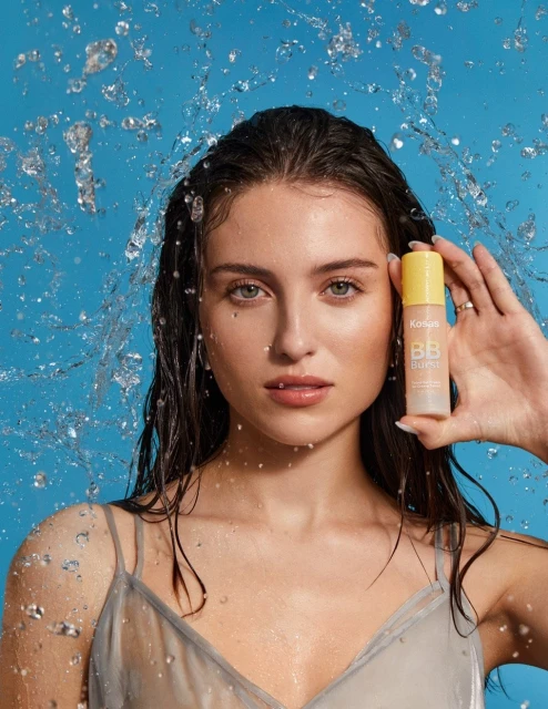 A young woman with dark hair and gray eyes holds a bottle of Kosas BB burst hydrating serum surrounded by water droplets on a blue background.
