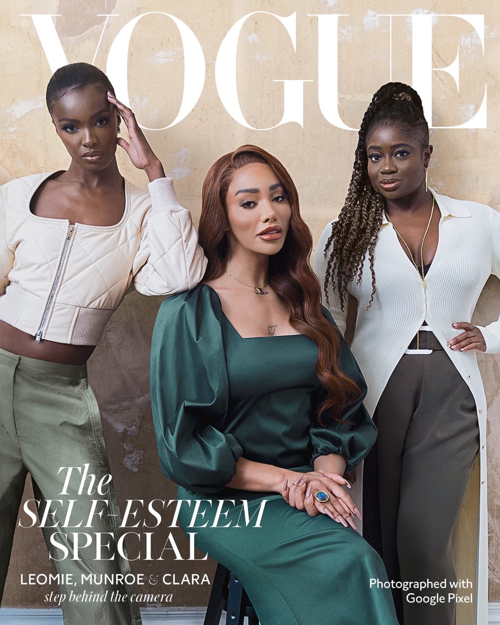 Vogue cover featuring three women of color in stylish outfits against a textured background, promoting the Self-Esteem Special.