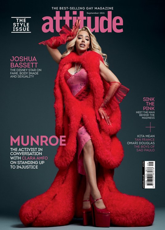 Magazine cover featuring Munroe in a red faux-fur coat, platform heels, and a blonde wig against a dark gray background.