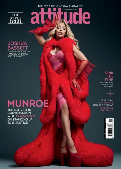 Magazine cover featuring Munroe in a red faux-fur coat, platform heels, and a blonde wig against a dark gray background.