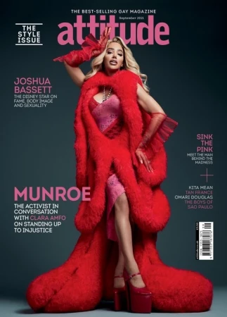 Magazine cover featuring Munroe in a red fur coat, pink dress, and platform heels, with 'attitude' logo and other text.