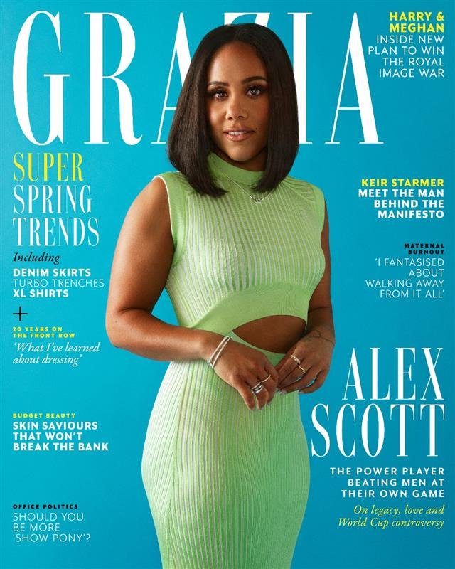 Grazia magazine cover featuring Alex Scott in a green knit dress against a blue background with various cover stories.