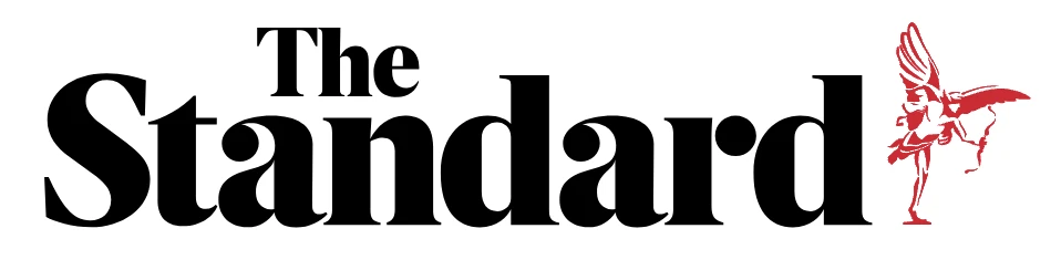 The Standard newspaper masthead with bold black font beside a smaller red winged figure holding a bow and arrow. Editorial design.