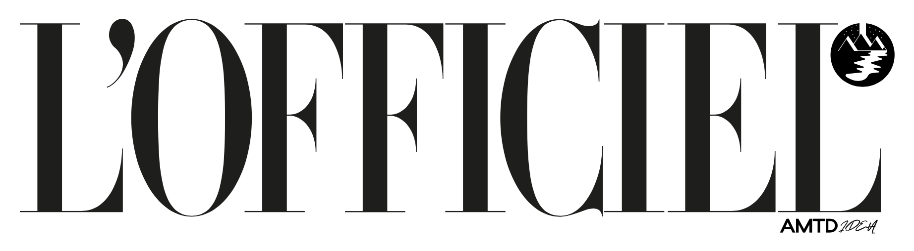 L'Officiel magazine masthead logo in a graphic design featuring bold sans-serif typography and a mountain landscape icon.