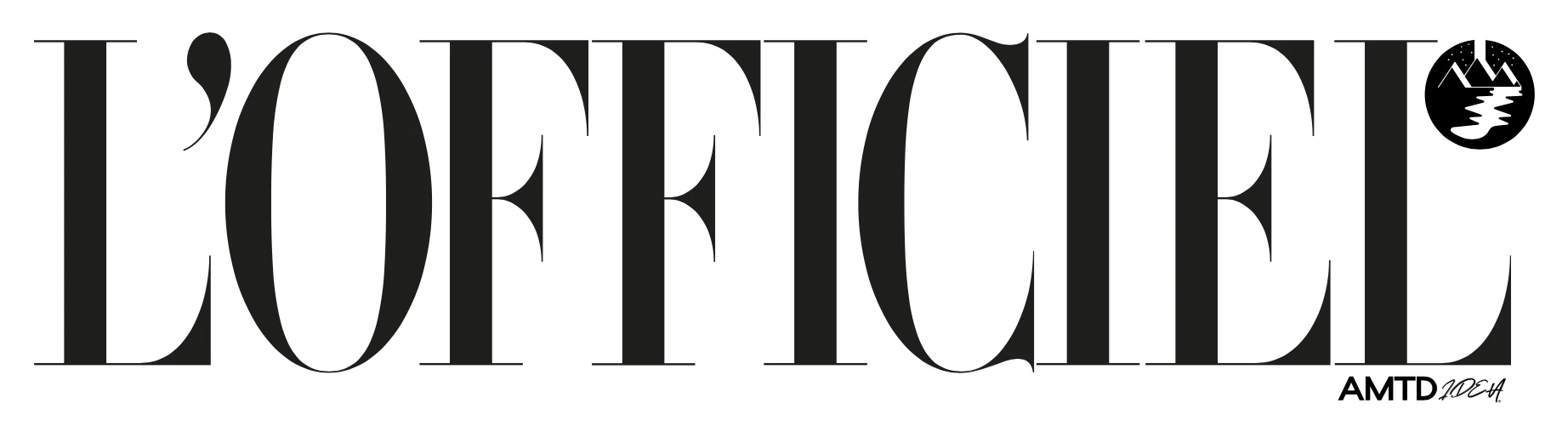 L'Officiel magazine masthead logo in a graphic design featuring bold sans-serif typography and a mountain landscape icon.