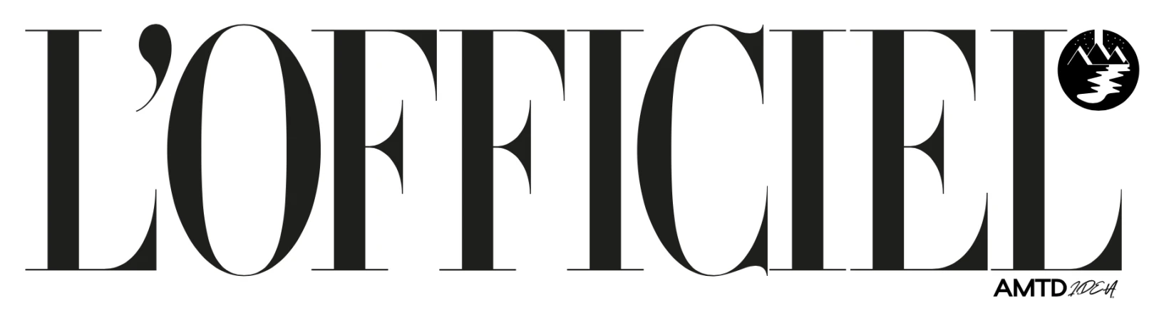 L'Officiel magazine masthead logo in a graphic design featuring bold sans-serif typography and a mountain landscape icon.