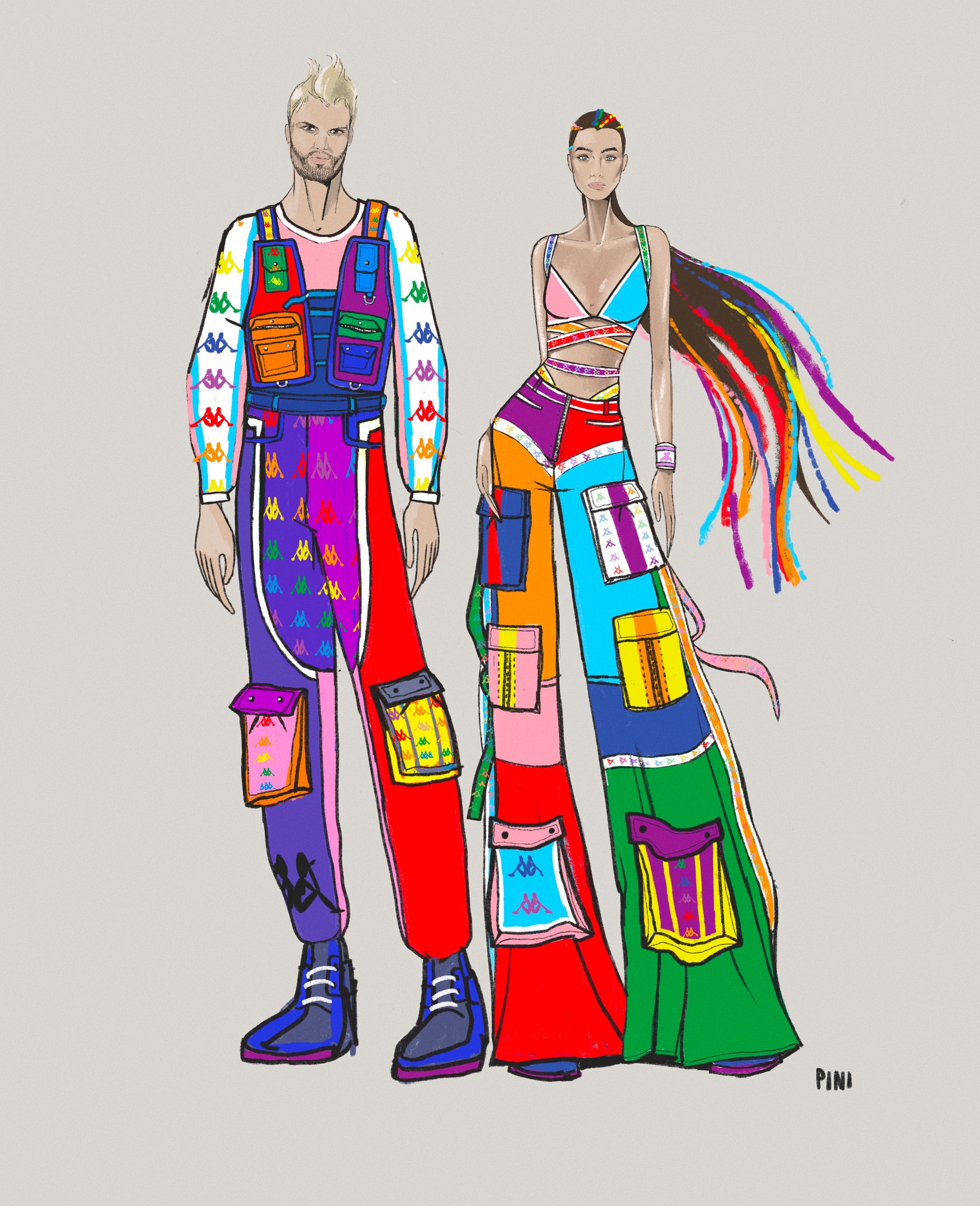 Illustration of two fashion models wearing multicolored outfits with pockets and Kappa logo details, creating a unique and eye-catching design.