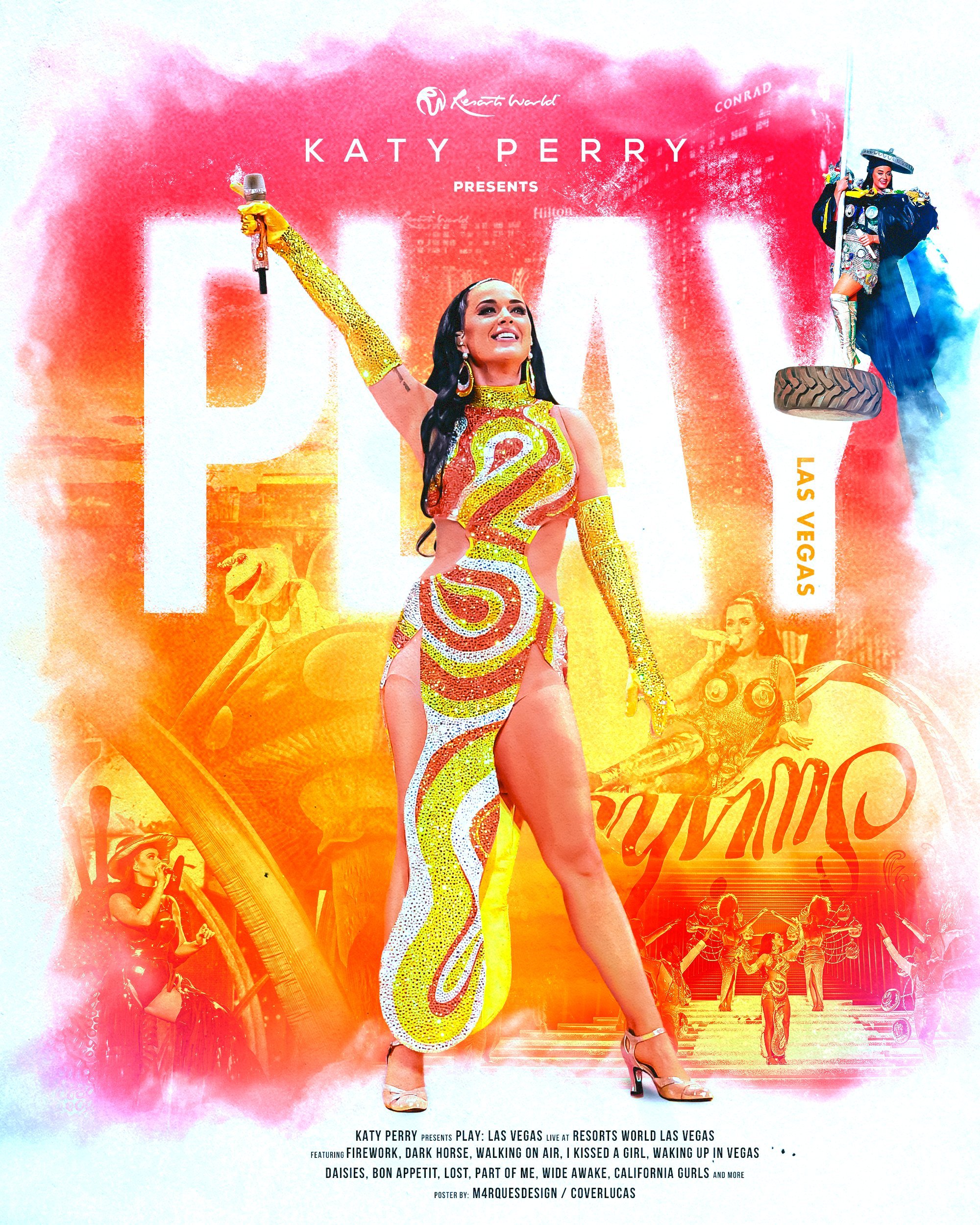 Katy Perry in a glittery yellow and white dress with a microphone on a Las Vegas Play concert poster with other characters.