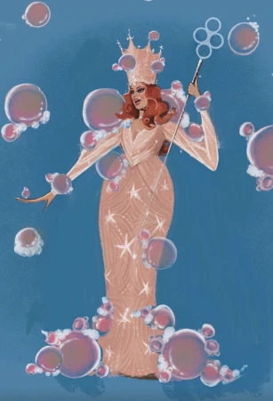 Illustration of drag queen with orange hair, wearing a sequined dress and crown, holding wand, surrounded by bubbles against a blue background.