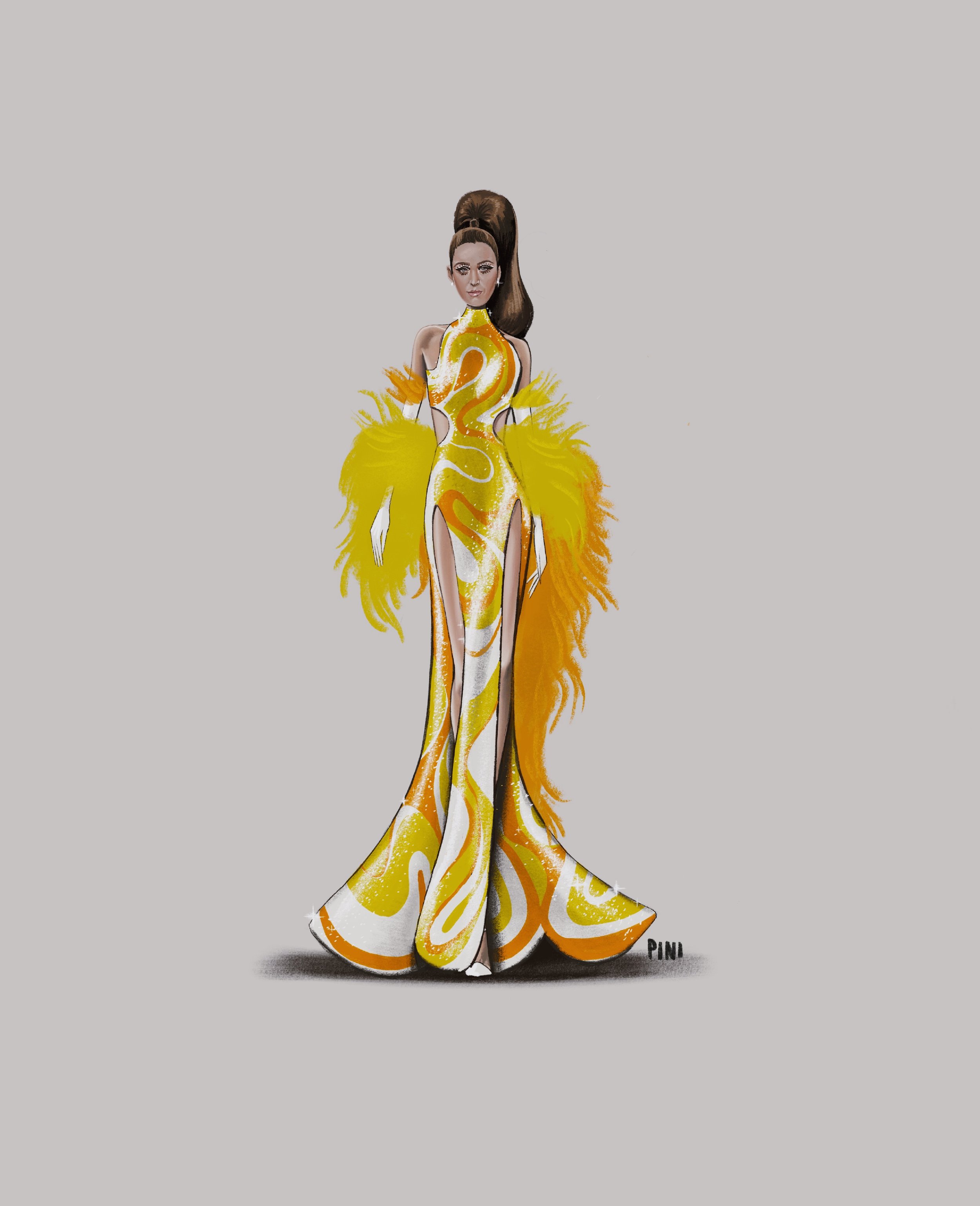 Illustration of woman wearing long gown with yellow feather trim and swirling yellow and white pattern against a grey background.