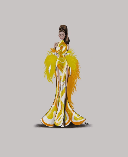 Illustration of woman wearing long gown with yellow feather trim and swirling yellow and white pattern against a grey background.