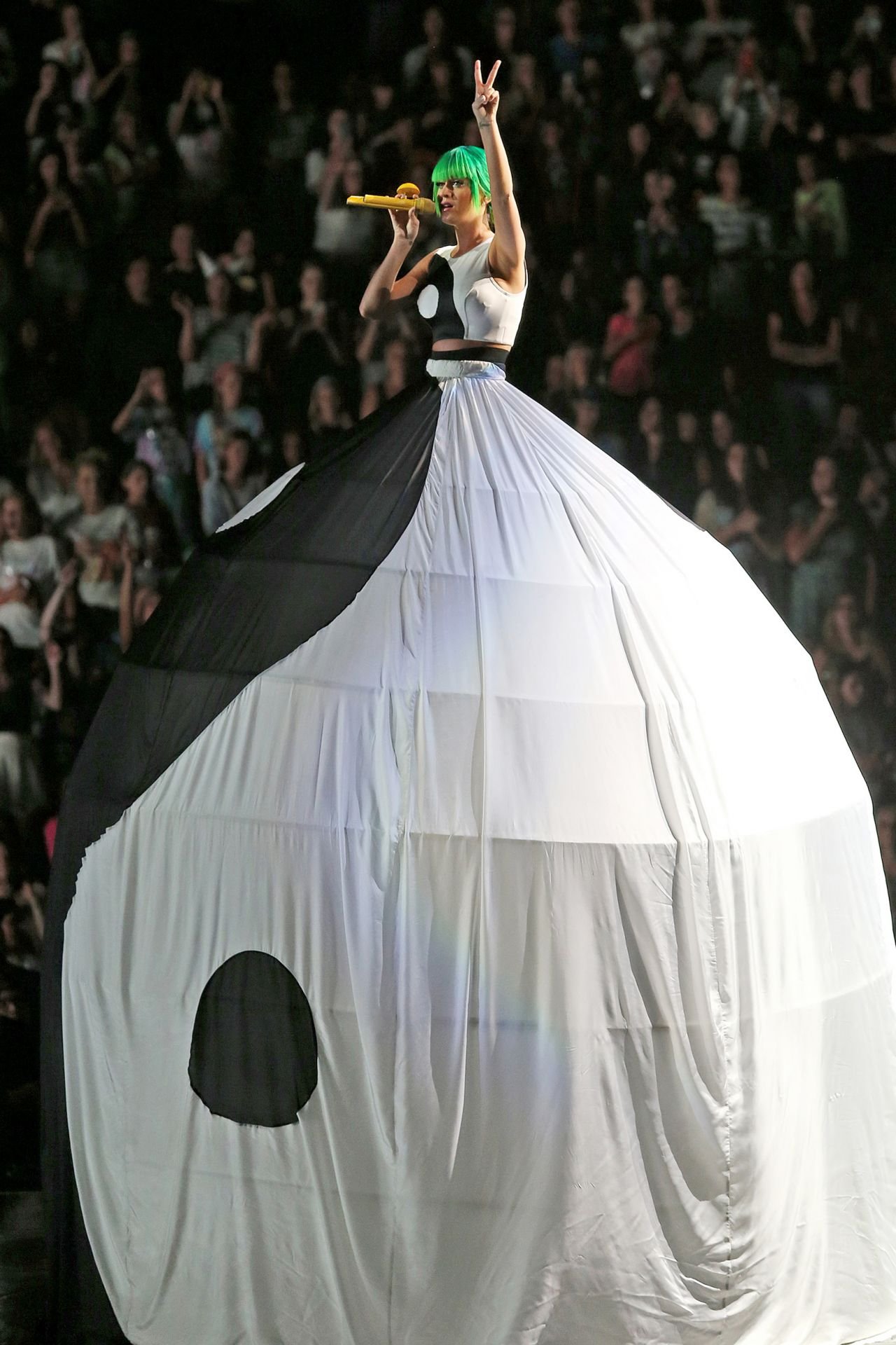 Singer performs on stage wearing a large yin and yang costume, holding a microphone, with crowd in the background.