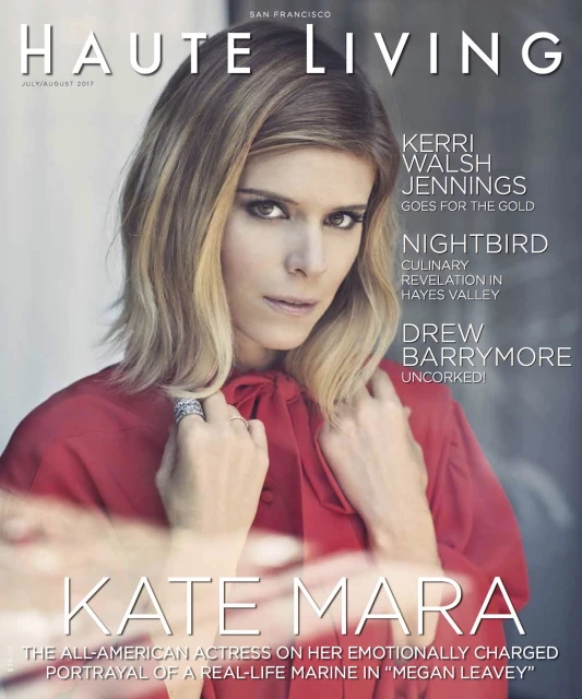 Magazine cover featuring actress Kate Mara in a red blouse. The cover includes text such as 'Haute Living' and other article titles.