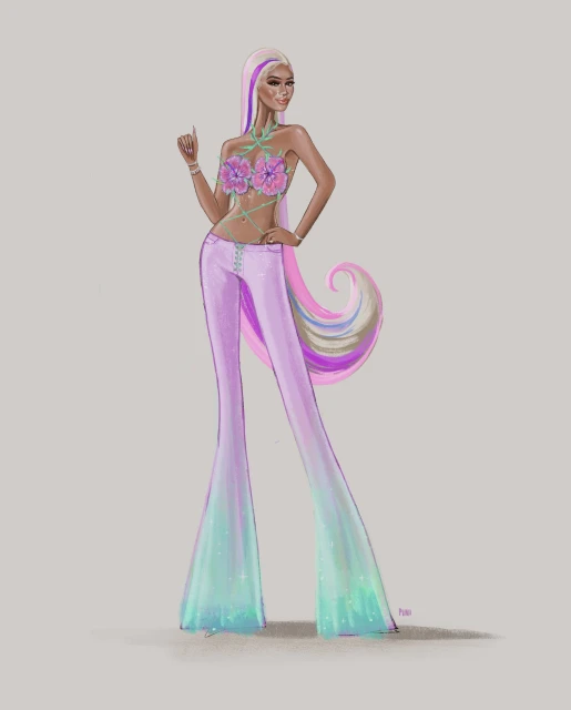 Illustration of a slender adult woman with a whimsical, colorful hairstyle, posing in a floral top and bell-bottom pants.