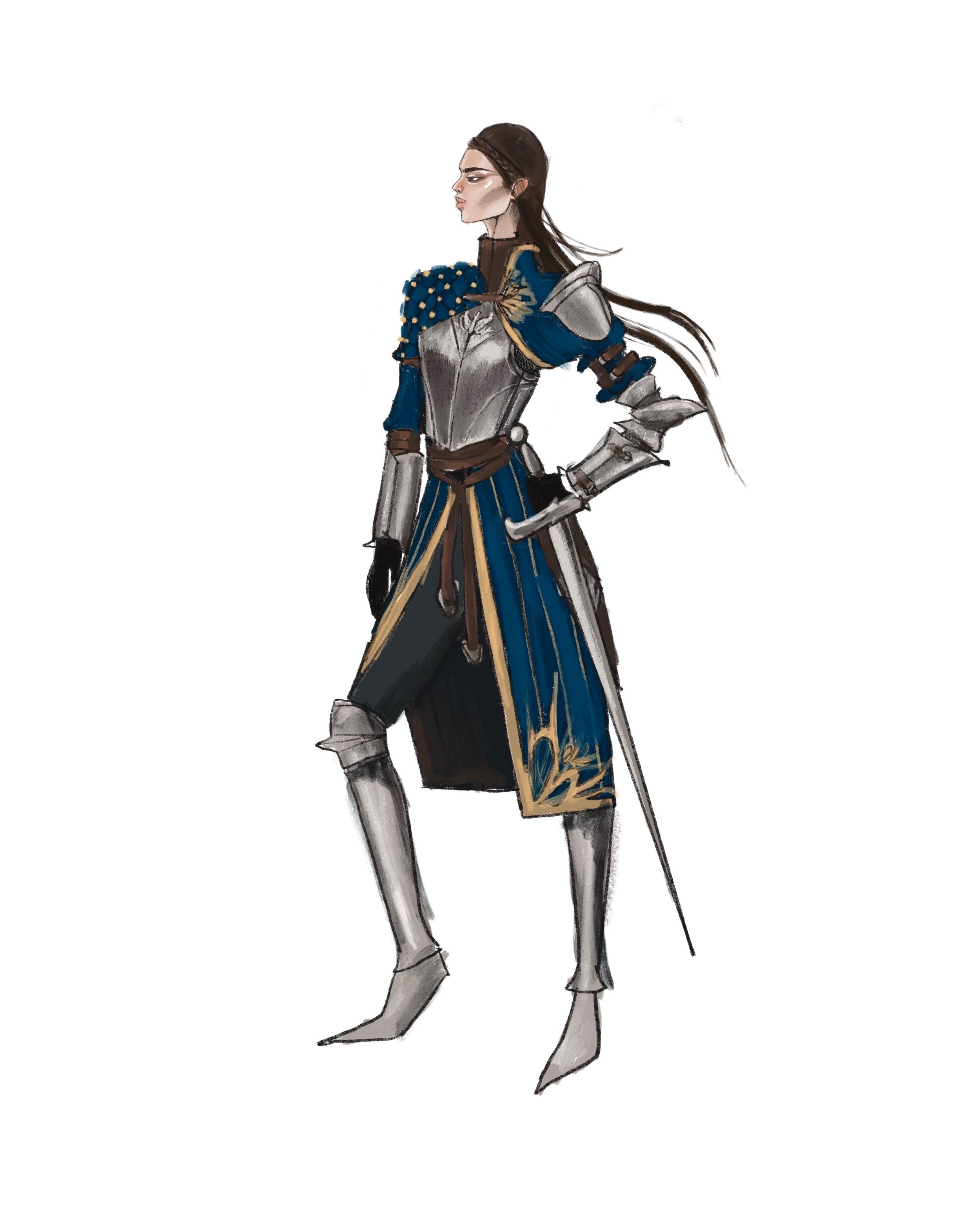 Illustration of a woman in full armor. The figure has long dark hair and is wearing silver armor with blue and gold accents.