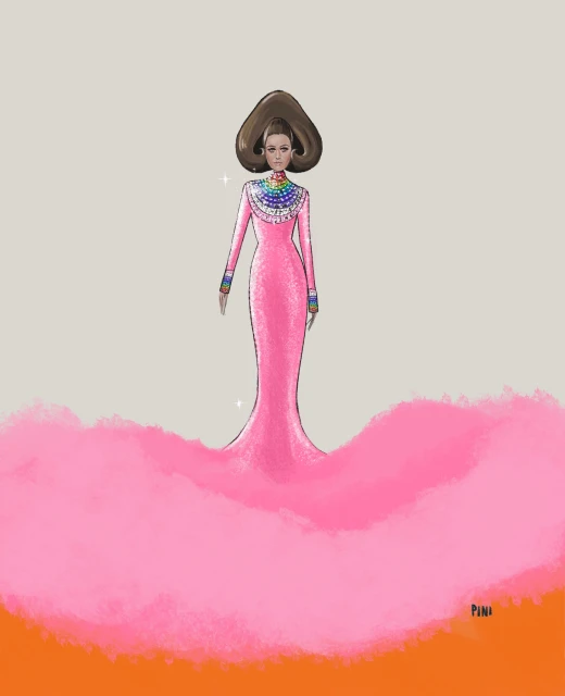 Illustration of a woman in a pink gown with a cloud-like skirt, featuring a multi-colored jeweled collar and a grey background.