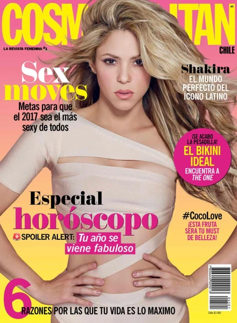 Cosmopolitan Chile magazine cover featuring Shakira, wearing a bandage-like outfit, promoting the magazine's fashion and beauty content.