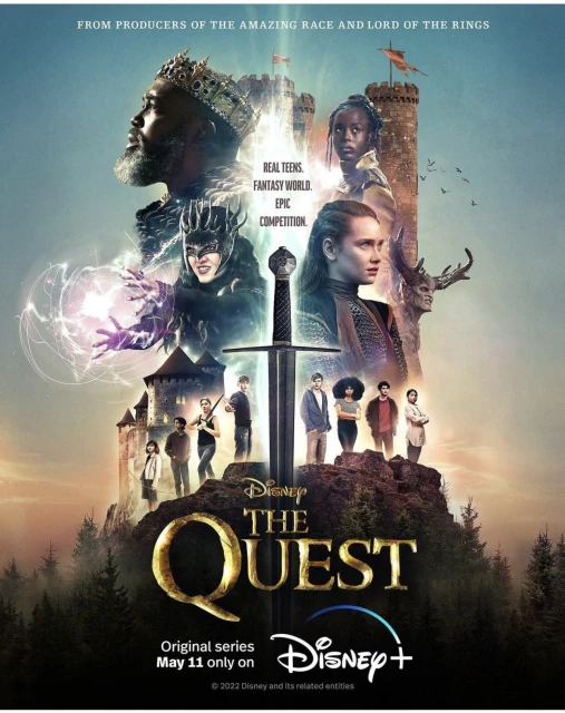 Poster image for 'The Quest' on Disney+ features a mix of characters, a medieval castle, and fantasy elements against a blue sky backdrop.