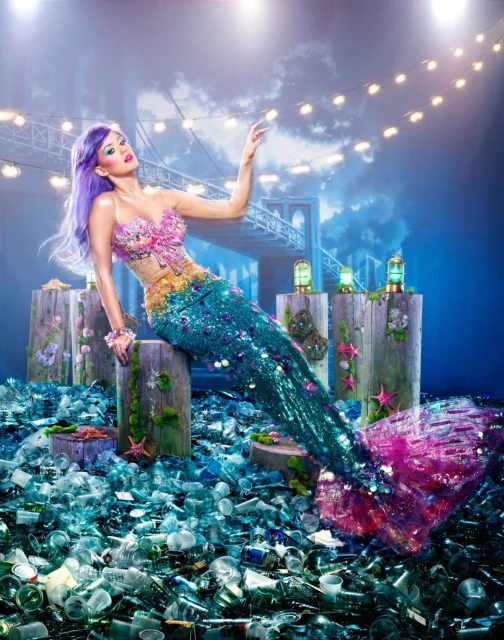 Woman in mermaid costume with purple hair poses in a pile of bottles. String lights and a bridge structure are in the background.